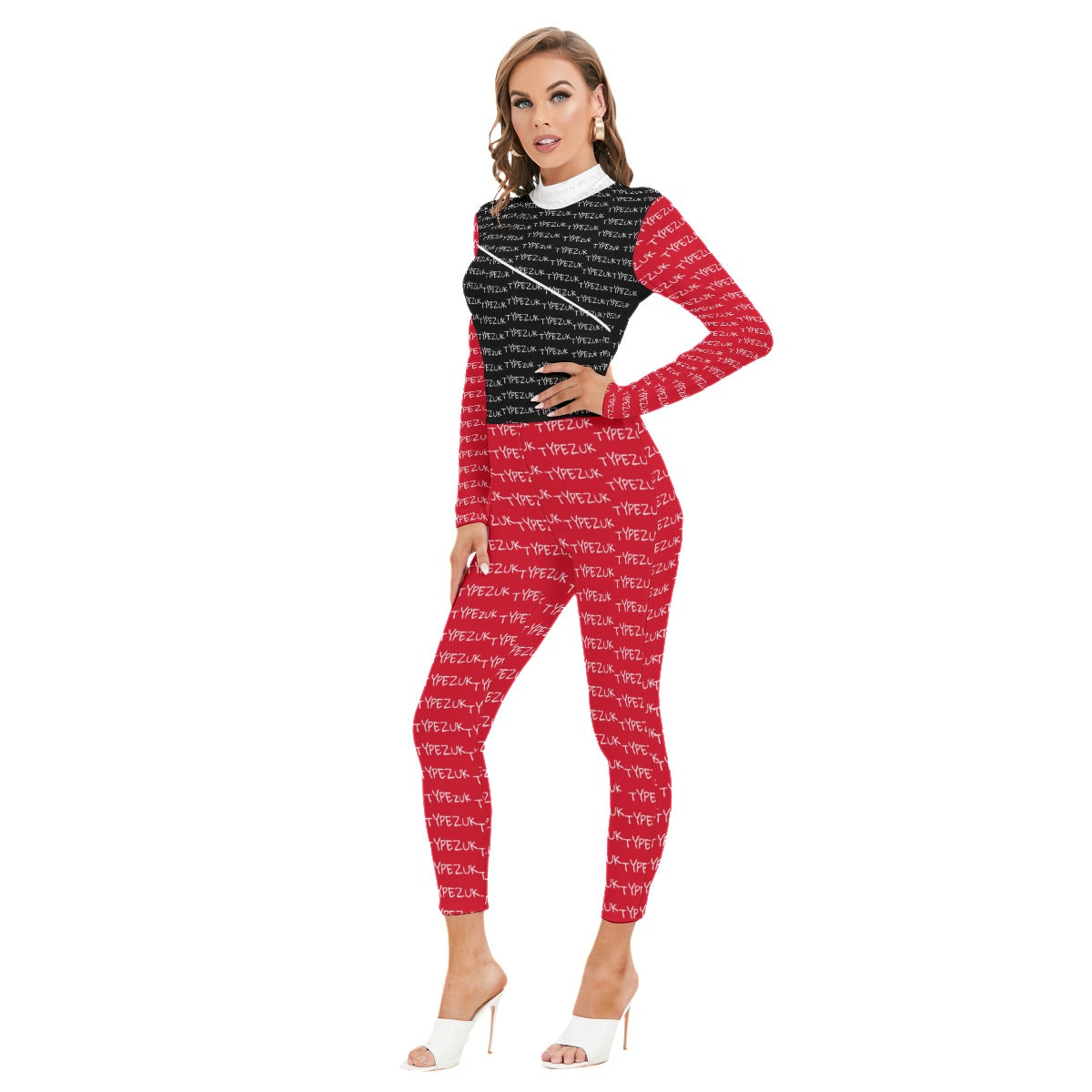 All-Over Print Women's Long-sleeved High-neck Jumpsuit With Zipper