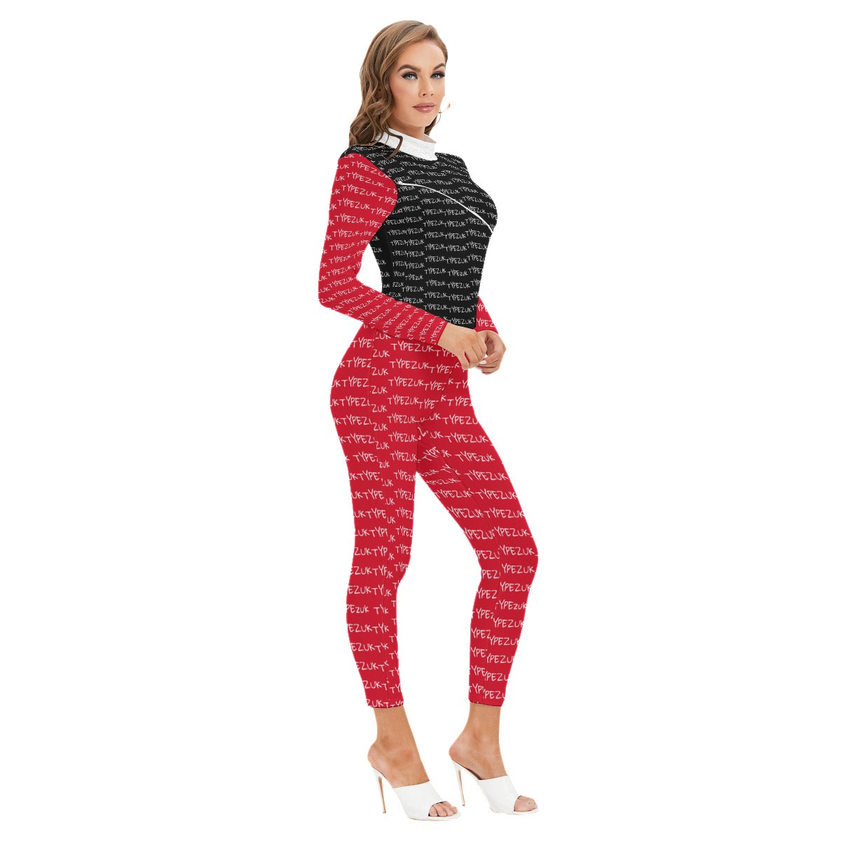 All-Over Print Women's Long-sleeved High-neck Jumpsuit With Zipper