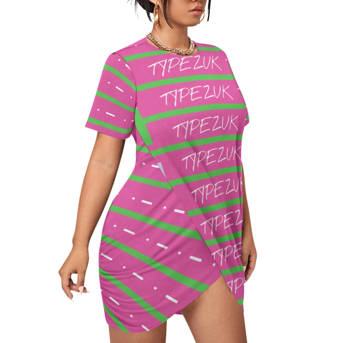 All-Over Print Women’s Stacked Hem Dress With Short Sleeve（Plus Size）
